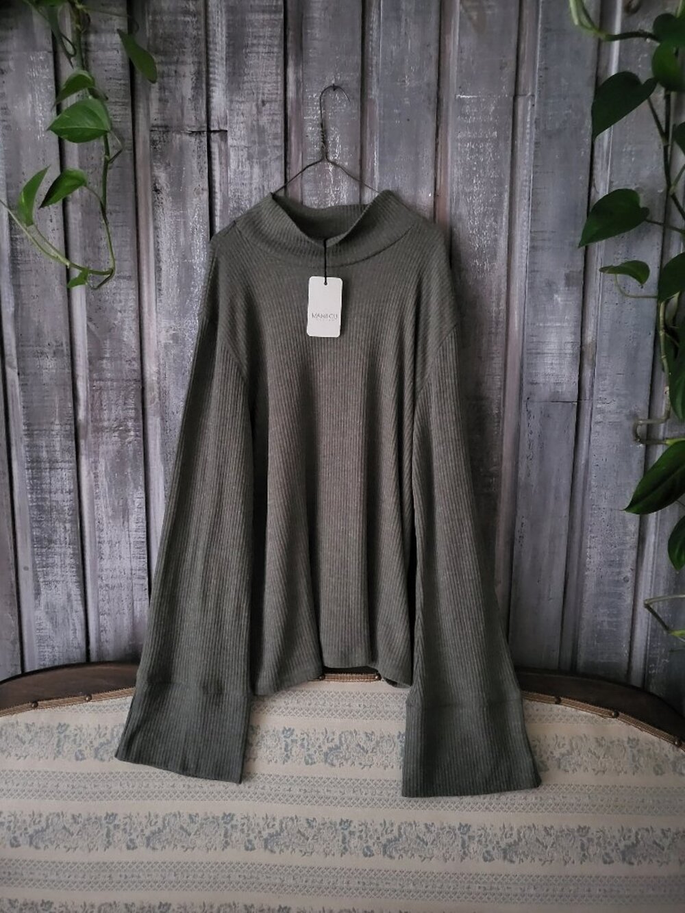 Olive Green Ribbed Mock Neck Sweater XL Bell Sleeve NWT MARILOU DESIGN